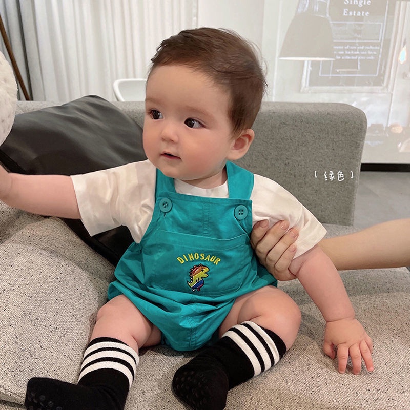 Bộ Áo Liền Quần Tam Giác Hình Khủng Long Bằng Cotton Nguyên Chất Dễ Thương Thời Trang Mùa Hè Cho Bé