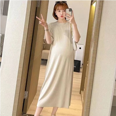 Váy len bầu thu đông thời trang dáng dài dambauxinh-L1480 đầm bầu thiết kế cộc tay freesize dưới 75kg