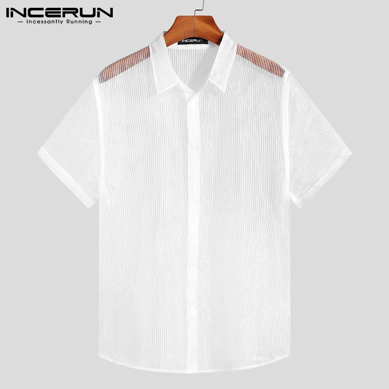 Áo sơ mi INCERUN tay ngắn họa tiết kẻ sọc thời trang cho nam