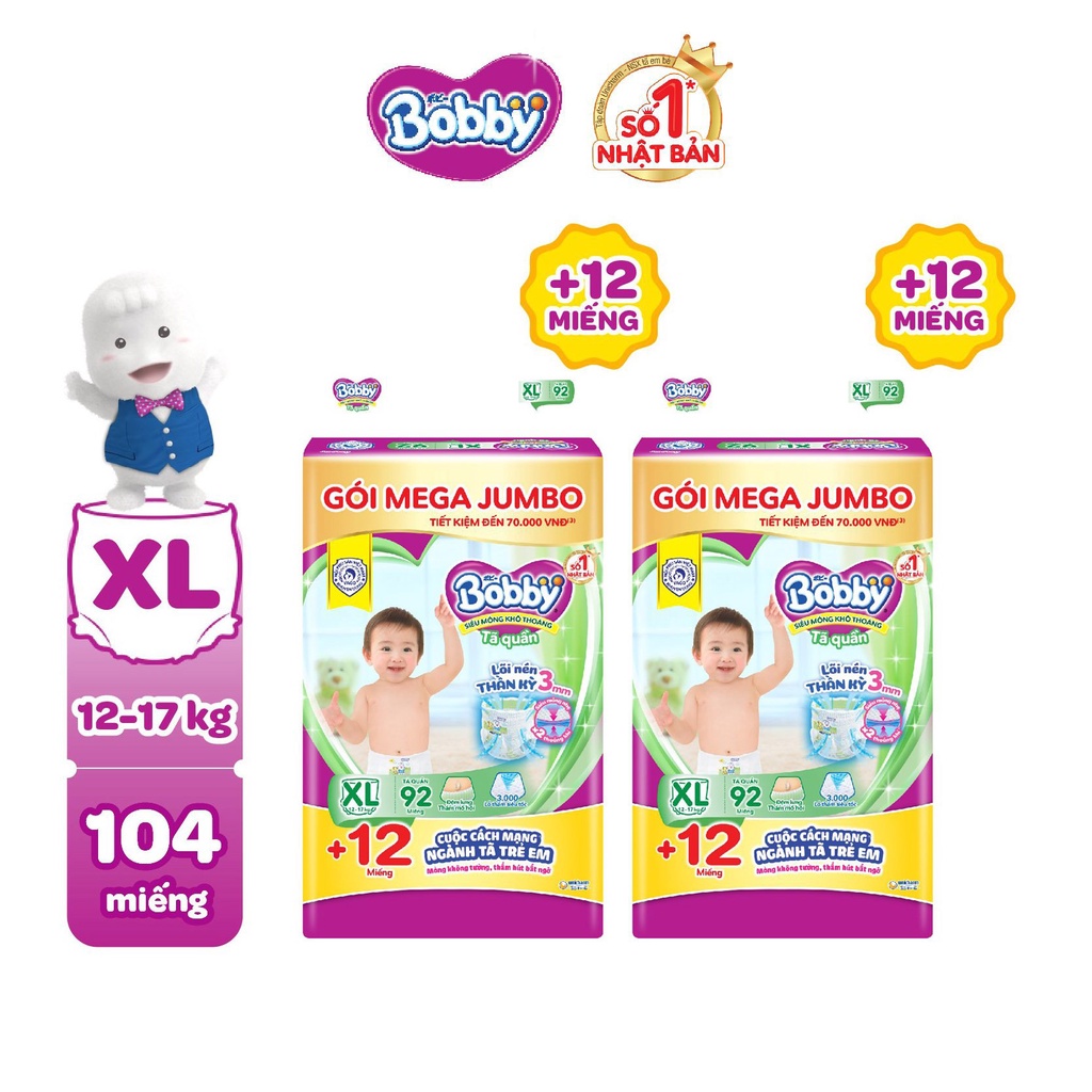Combo 2 Gói Tã Quần Bobby Lõi Nén 3mm M120/L104/XL92/XXL84