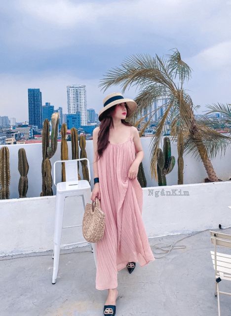 Váy hai dây dập ly kèm dây buộc đai siêu hót hít hàng qc l1