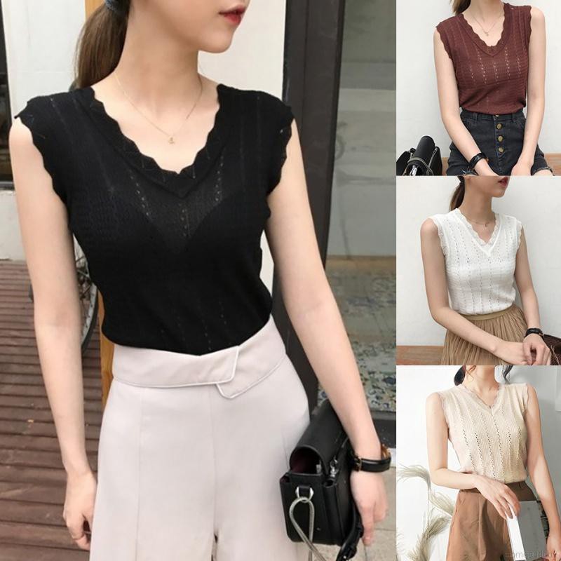 Áo Dệt Kim Nữ Không Tay Cổ Chữ V Thời Trang Hàn Quốc