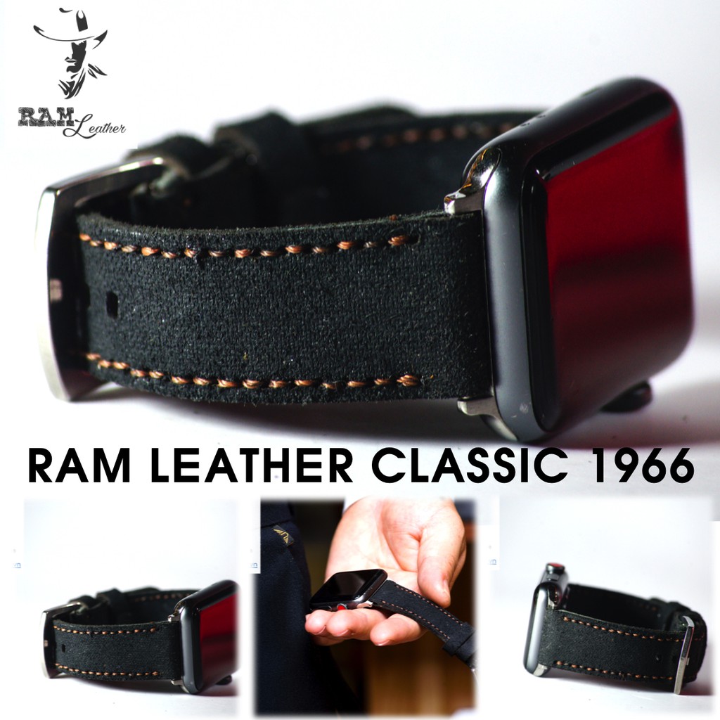 Dây đồng hồ Apple Watch , Iwatch , Iphone Watch Da Bò Thật Đen Tuyền RAM Leather Classic 1966  Bền Đẹp
