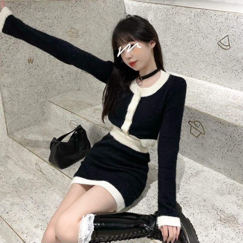 Bộ Áo Sweater Mềm Mại Phối Chân Váy Ngắn Phối Màu Tương Phản Kiểu Hàn Quốc Thời Trang Thu Đông