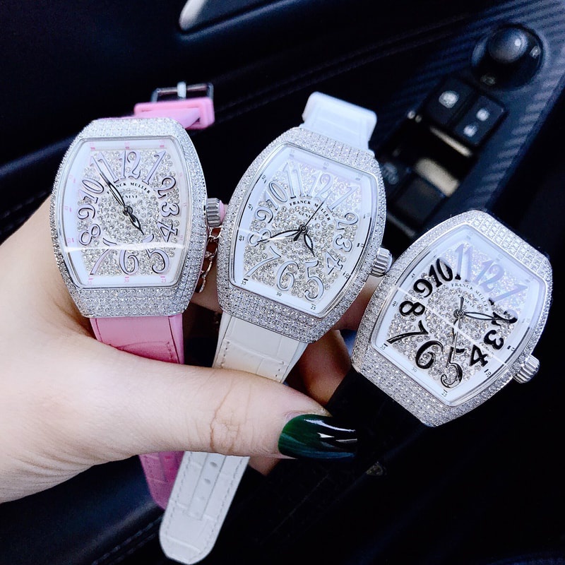 Đồng hồ Nữ Franck Muller mặt kín đá cao cấp chạy pin máy Nhật size 32mm dây cao su vỏ đá dây trắng