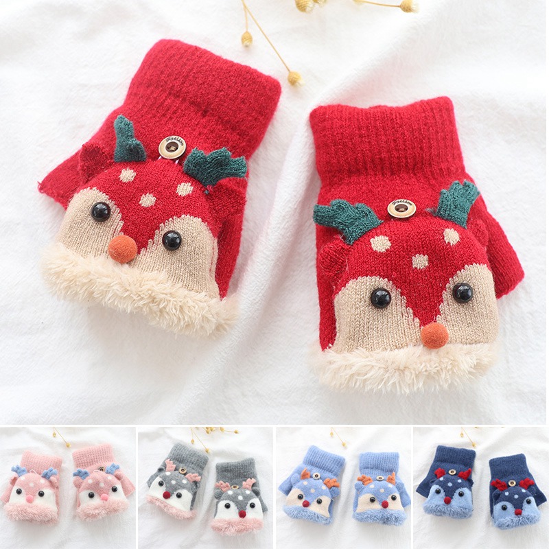 Găng tay nhung hở nửa ngón họa tiết tuần lộc đáng yêu hợp mùa đông cho bé 3-7 tuổi
