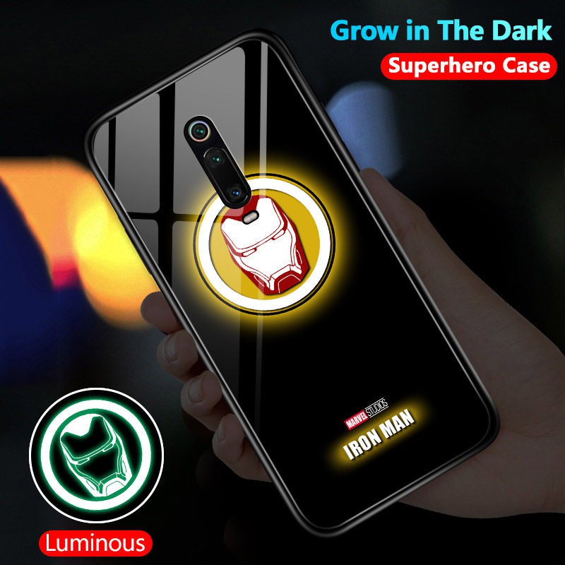 Ốp điện thoại mặt kính dạ quang hình siêu anh hùng Marvel cho Xiaomi Poco F2 Pro X2 Redmi K40 K30 K20 Pro Pocophone Casing