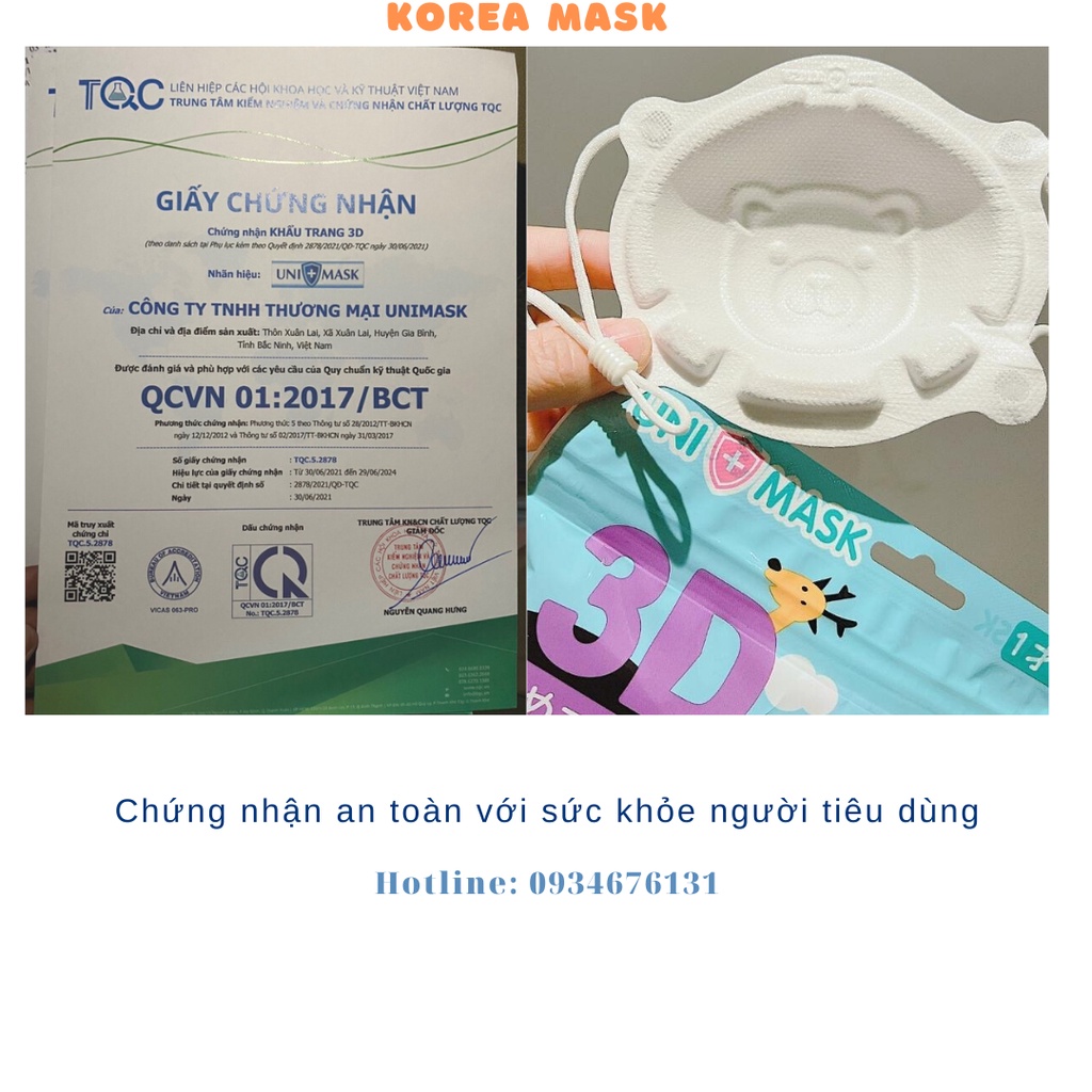 Khẩu trang hình gấu 3D cho bé từ 1-3 tuổi thương hiệu UNIMASK xuất Nhật ( Túi 03 cái, quai đeo điều chỉnh độ dài)