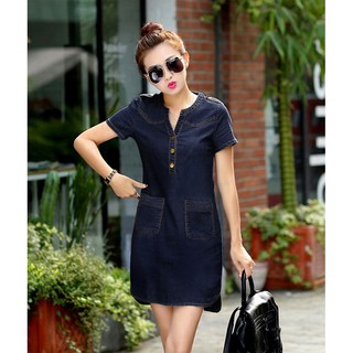 Đầm Jean Phối Túi Cổ Trụ