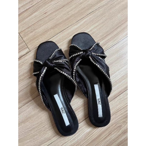 Zara Dép nơ lụa đen đính đá