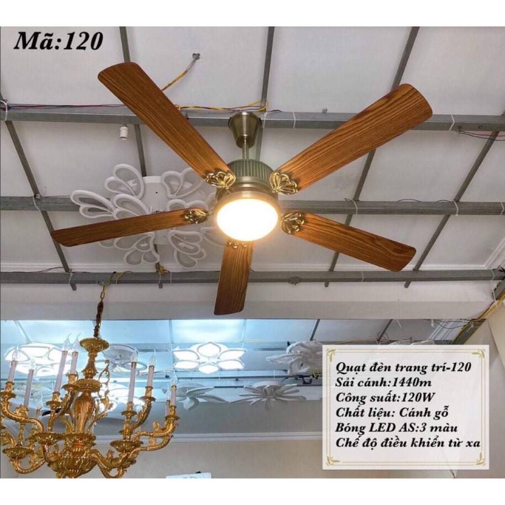 Quạt trần đèn cánh gỗ cao cấp siêu mát 120W cho phòng khách có điều khiển từ xa
