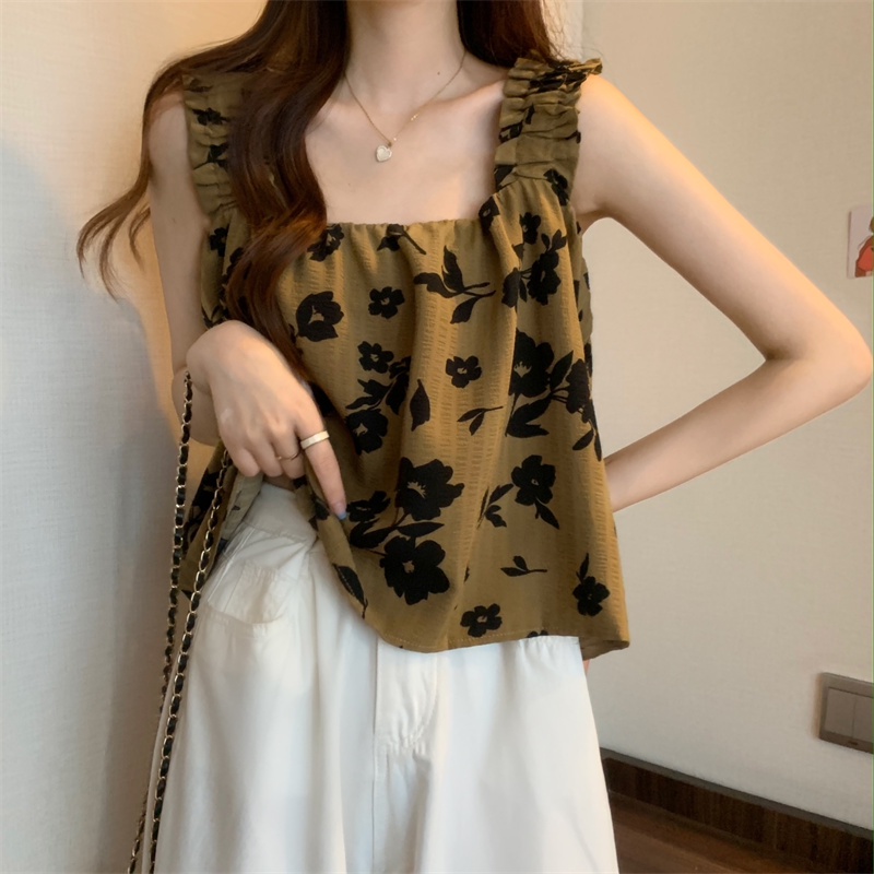 Áo không tay IELGY dáng rộng in hoa kiểu Pháp xinh xắn cho nữ