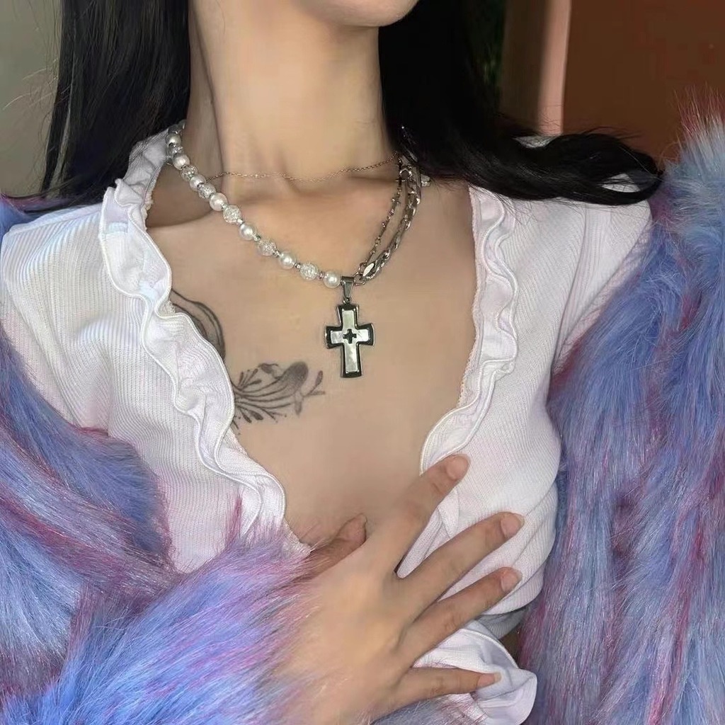 Dây chuyền xích ngọc trai mặt thánh giá phong cách hip hop 19a1421