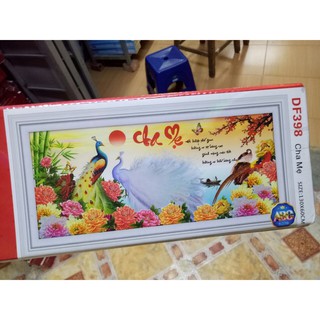 tranh thêu chữ thập đôi uyên ương thư pháp cha mẹ hạnh phúc kt 130x60cm