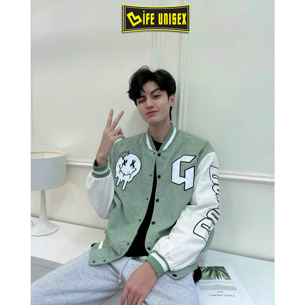 Áo Khoác Bomber Nhung Tăm GONZ Nam Nữ Ulzzang Unisex Có Nút, Áo Khoác Nhung Form Rộng LIFE UNISEX