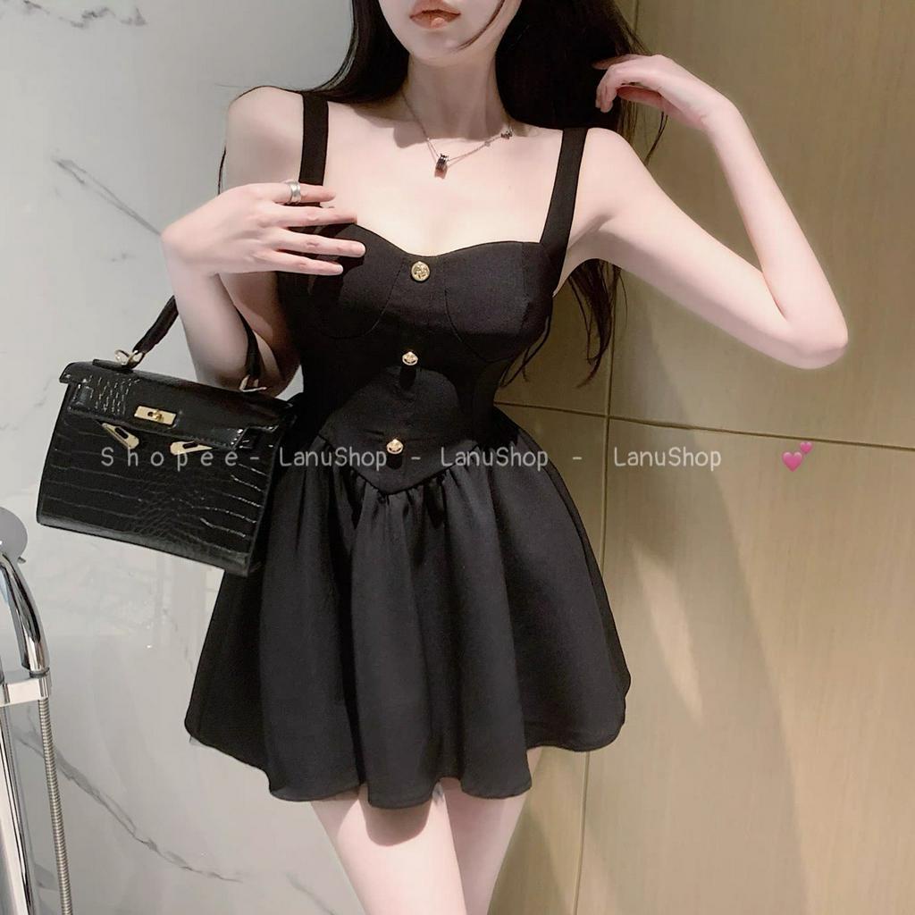 [Sẵn] Váy đen 2 dây siêu xoè tôn eo, Đầm dự tiệc đen đính cúc sang chảnh LanuShop