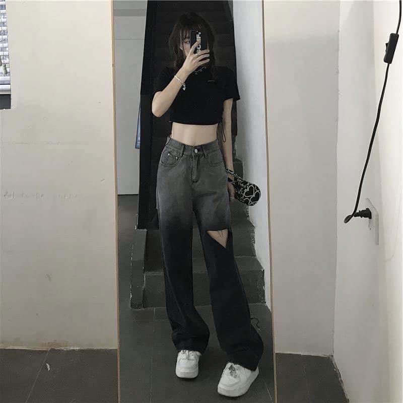 Quần Jeans Loang Rách Ống Rộng Nữ [FREESHIP] 🌸 Culottes jean dáng suông cạp cao màu  ĐEN Ulzzang HOT 🌸 | BigBuy360 - bigbuy360.vn