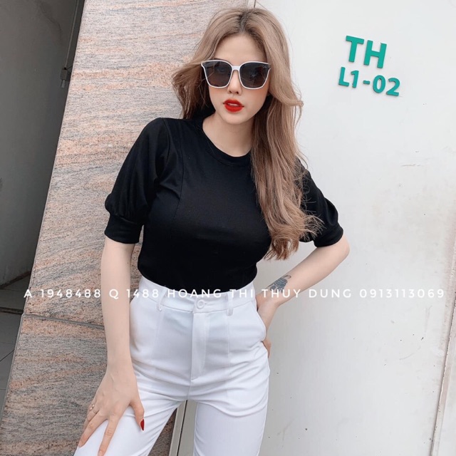 Áo thun cộc tay vai bồng chất zip cotton