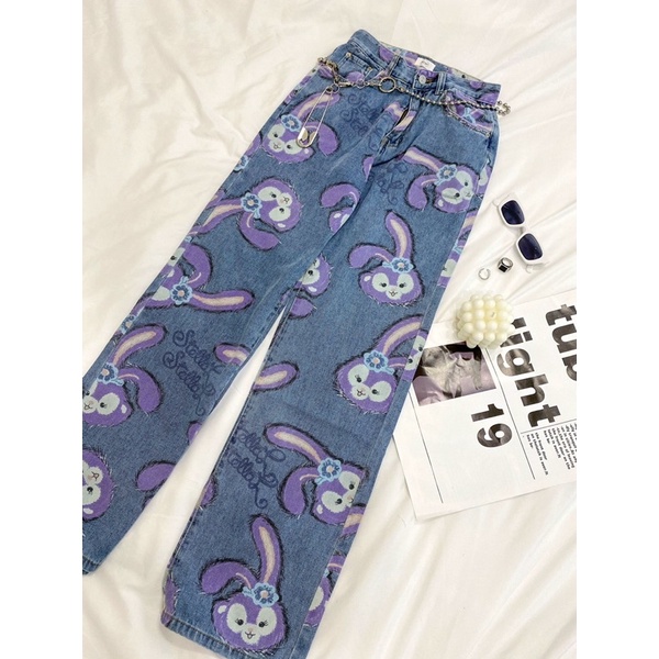 QUẦN JEAN ỐNG SUÔNG HOẠ TIẾT HÌNH CON THỎ MÀU TÍM S261 C2054