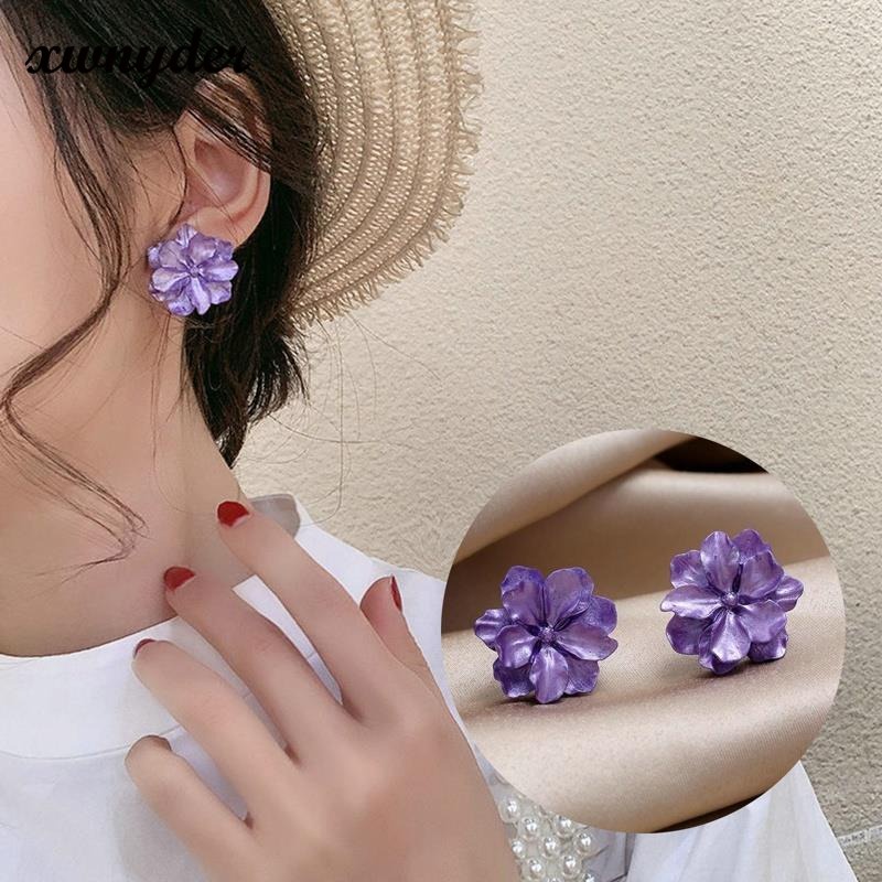 Đôi Bông Tai Hình Hoa Trà Màu Tím Thời Trang Cho Nữ