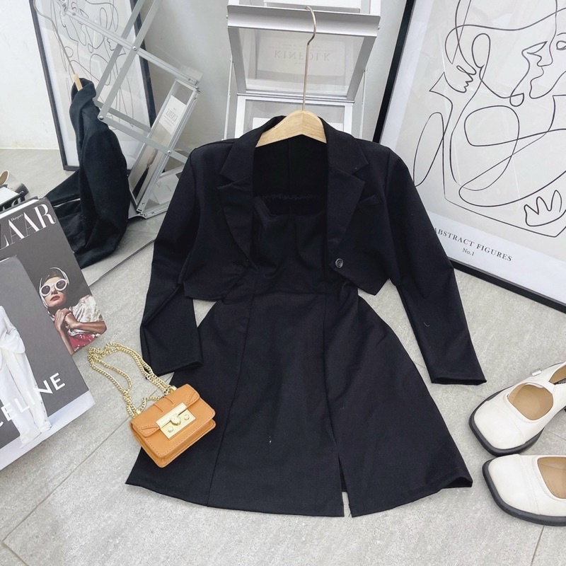 SET ĐẦM ĐEN 2S NGANG KÈM KHOÁC CROP VEST