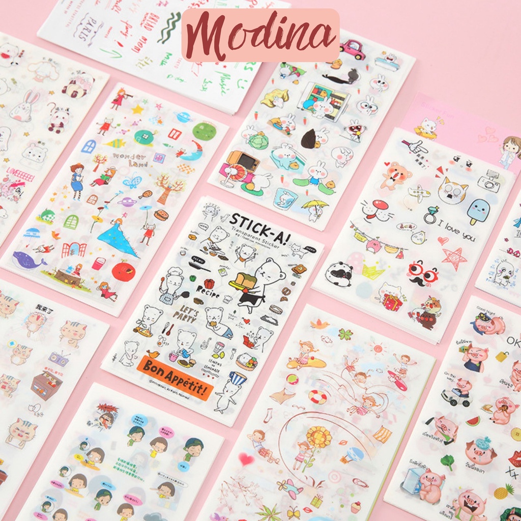Set 6 tấm sticker trang trí sổ, dán hoạt hình xinh xắn trang trí quà, vật dụng