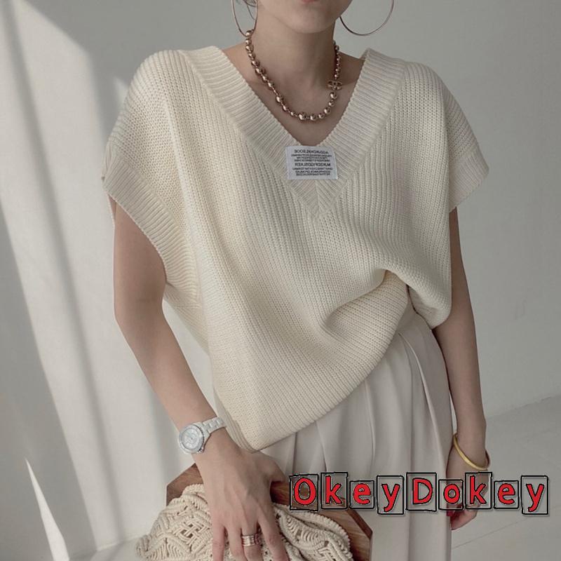 OKDK-Women Knitted Vest Letters Applique Pattern V-neck Cap Sleeve Knitwear