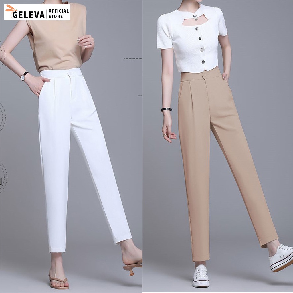 Quần tây baggy nữ đi học đi làm công sở ống đứng dáng dài cạp chun, Quần vải nữ tuyết mưa màu đen trắng be Geleva GE908 | BigBuy360 - bigbuy360.vn