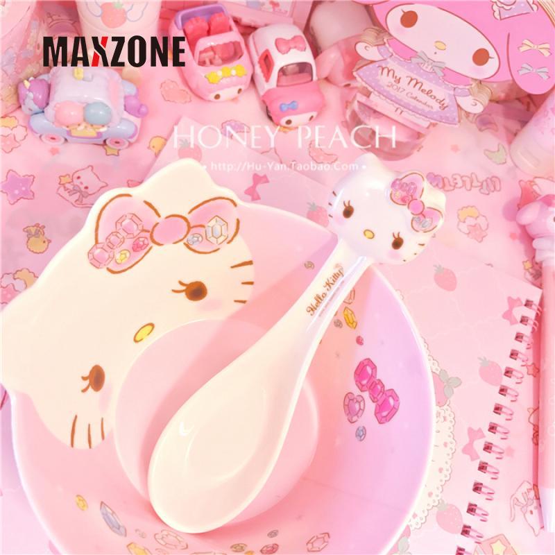 SANRIO Bộ Bát Ăn Cơm / Súp Bằng Melamine In Họa Tiết Hoạt Hình Hello Kitty Dễ Thương Dùng Làm Quà Tặng Cho Bé Gái