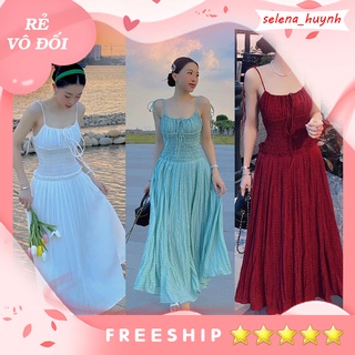 Đầm maxi 2 dây nhúng eo màu đỏ trắng xanh du lịch biển SELENA87