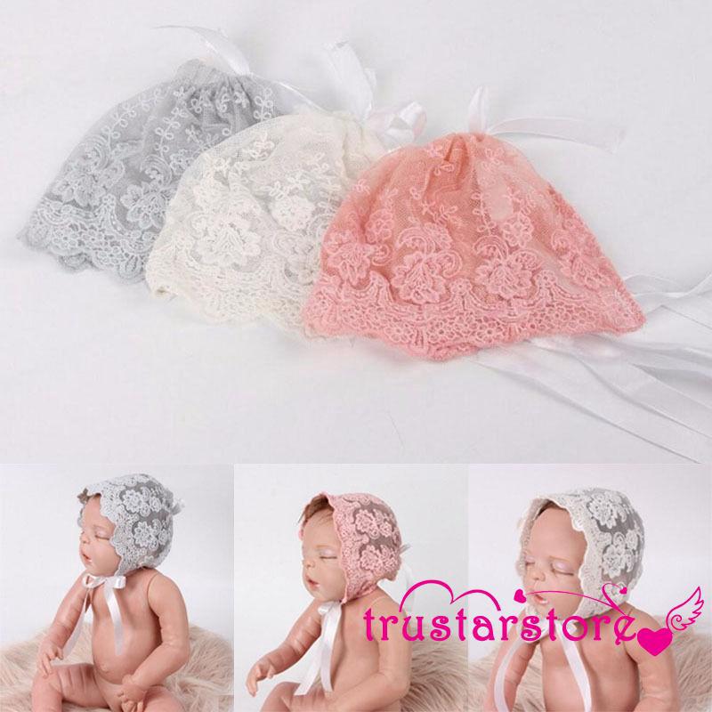 Mũ trùm đầu ren hoa dễ thương làm đạo cụ chụp ảnh cho bé sơ sinh