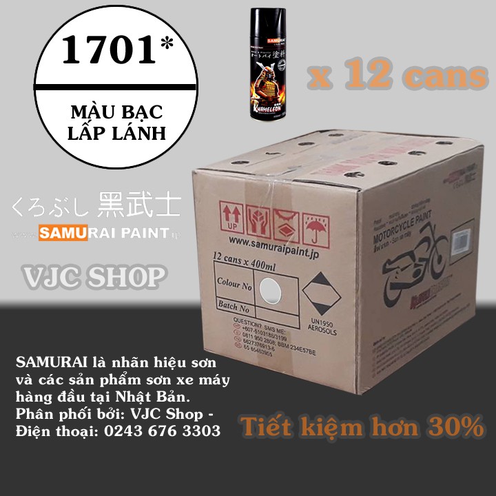 Thùng 12 chai sơn xịt sơn xe máy Samurai màu bạc lấp lánh