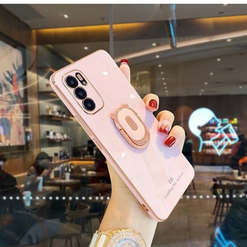 Ốp điện thoại viền dẻo mạ màu kèm giá đỡ hình chú gấu cho OPPO RENO6 RENO6 Z 5G RENO6 PRO 5G RENO6 5G