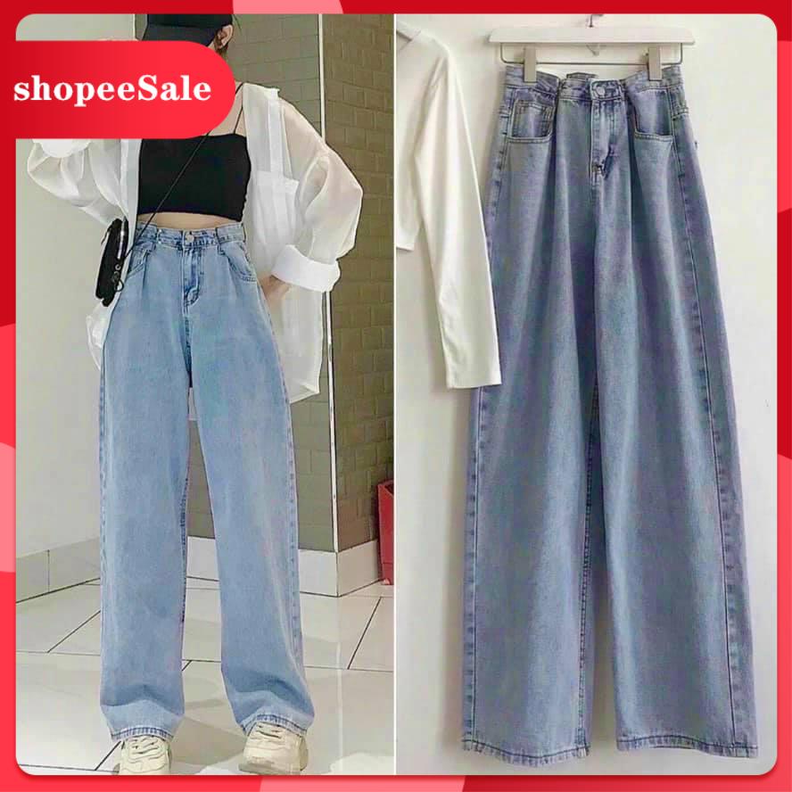 Quần Culottes Jean bò cạp cao năng động Thụng Móc Cài dài 100cm