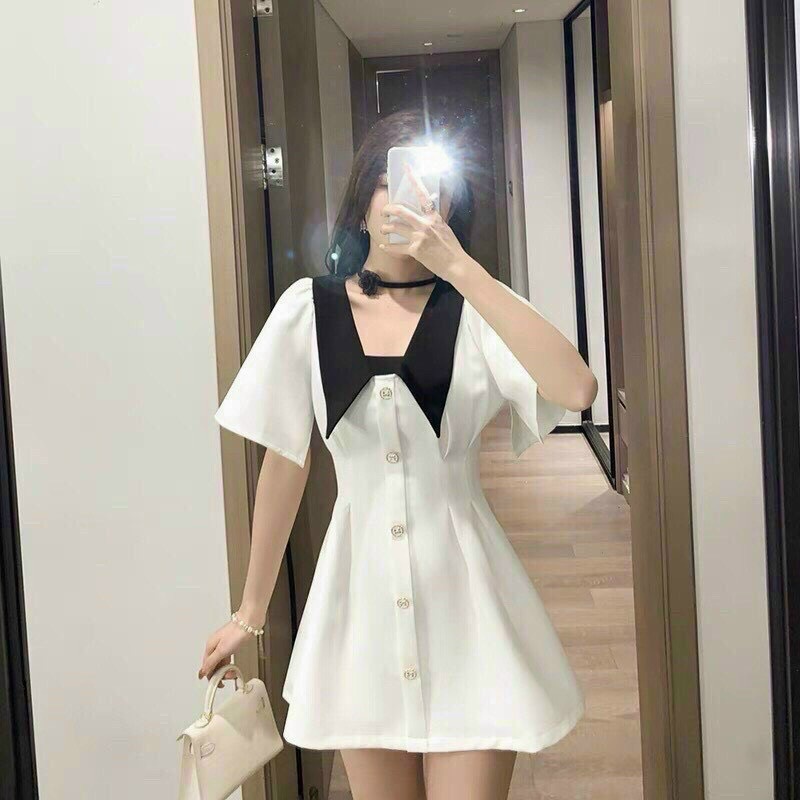 [ Miễn Phí Ship 2022 ] Đầm kiểu cổ cánh bướm phối cúc, đầm nữ kate kiểu dáng Hàn Quốc