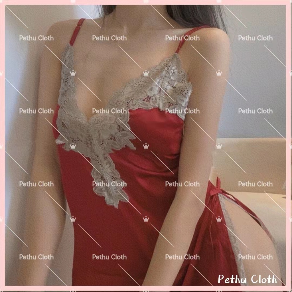 （Cho 62-75kg)Đồ Ngủ Sexy2 dây đẹp váy lụa satin phối ren gợi cảm dáng ôm cao cấp giá rẻ bigsize--022