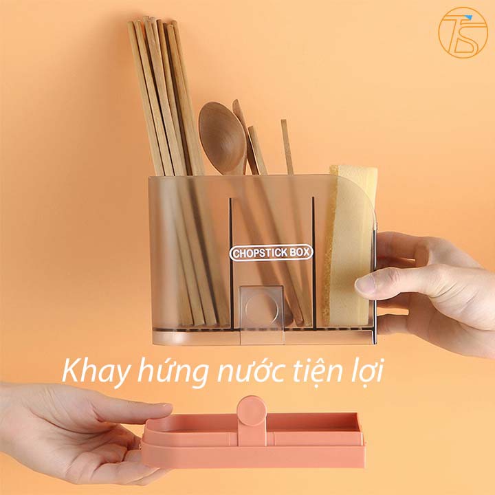 Kệ Đựng Muỗng Đũa Thìa Dán Tường CB03 Có Khay Hứng Nước Kèm 2 Móc Treo Và Giá Treo Khăn - Hộp Để Đũa Thìa Trên Bàn