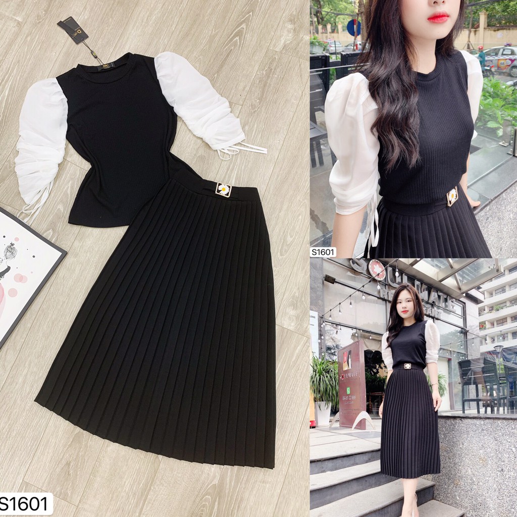 Set cv đen mix áo đen phối tay trắng S1601-  Đẹp Shop DVC (Kèm ảnh thật trải sàn do shop tự chụp) | BigBuy360 - bigbuy360.vn