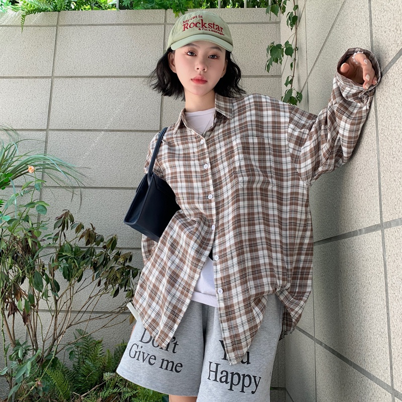 SUXI Áo Sơ Mi Tay Dài Dáng Rộng Họa Tiết Kẻ Sọc Phong Cách Hàn Quốc Thời Trang Mùa Hè Cho Nữ