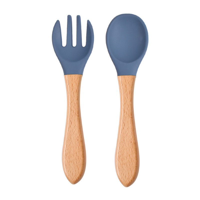 Bộ 2 Muỗng Nĩa Silicone Cấp Thực Phẩm Tay Cầm Gỗ Cho Bé Tập Ăn