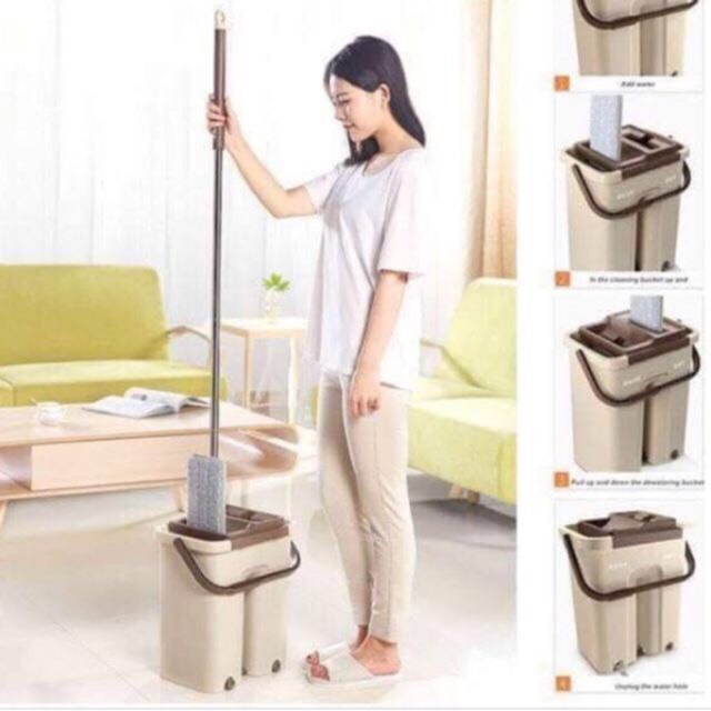 Bộ Chổi Lau Nhà Tự Vắt Kèm Thùng Tặng kèm 2 miếng bông lau