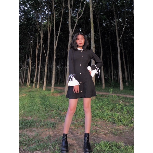 (CLIP THẬT) Đầm dự tiệc tiểu thư đen nút vàng | BigBuy360 - bigbuy360.vn