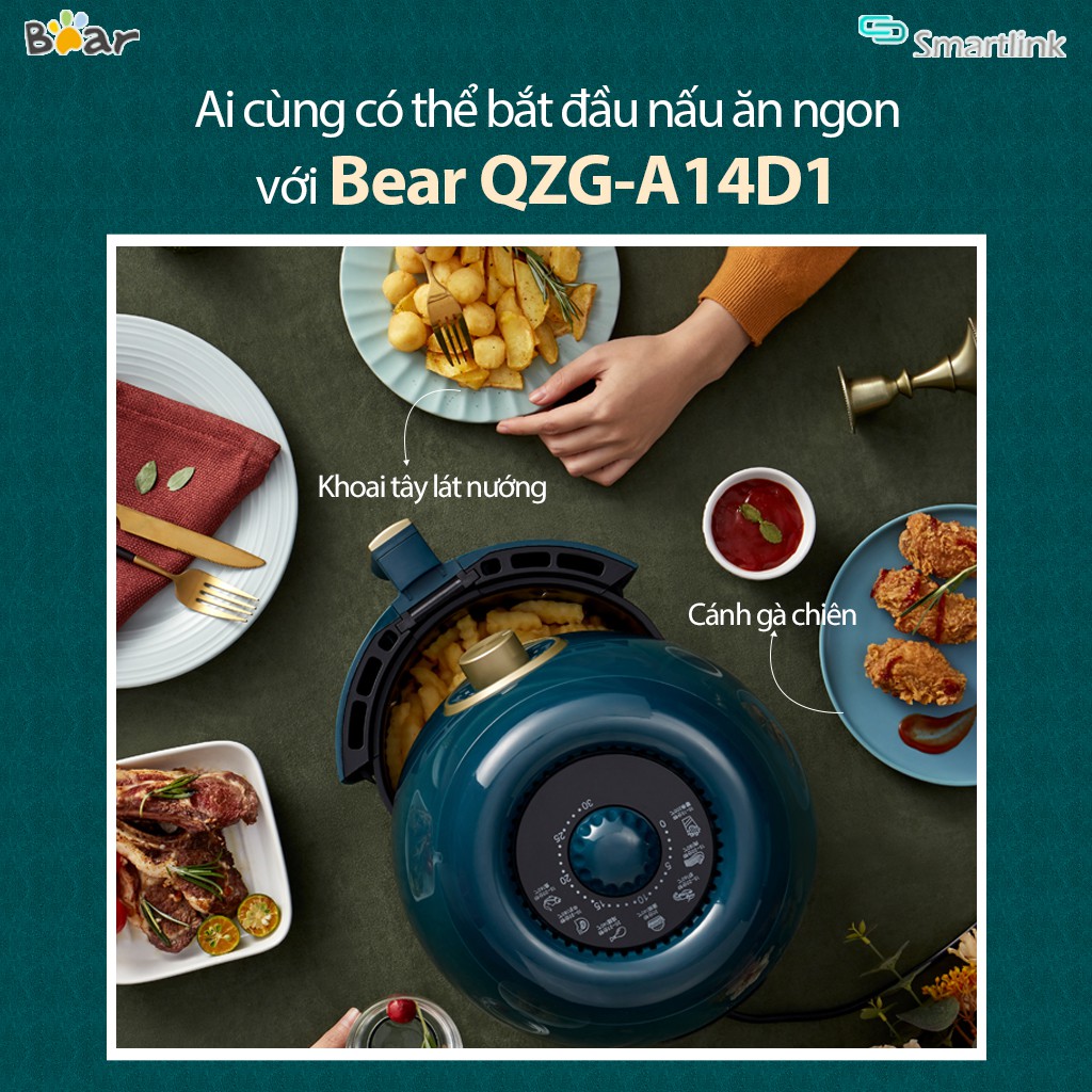 Nồi Chiên Không Dầu Bear 3L, Lòng Nồi Thép Không Rỉ Phủ Chống Dính QZG-A14D1 - Hàng Chính Hãng - Bảo Hành 18 Tháng