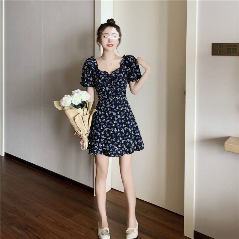Đầm ngắn in hoa phong cách retro Pháp cho nữ