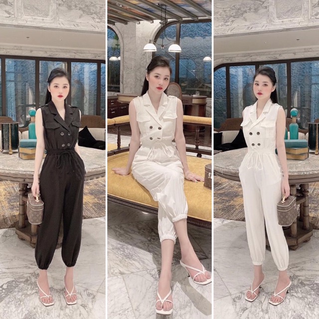 ◈☸J553 Jum Dáng Dài Áo Sơ Mi Cổ Vest Phối Túi Sang Trọng Liền Quần Ống Rộng Bo Gấu Cạp Chun Có Dây Rút Tôn