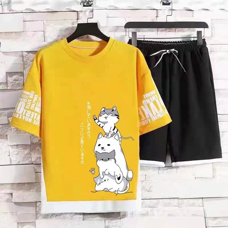 Set áo thun tay ngắn cổ tròn in hình mèo và quần đùi thời trang dành cho nam