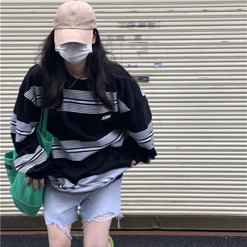 Áo Sweater Tay Dài Form Rộng Kẻ Sọc Phối Màu Độc Đáo Phong Cách S-2XL