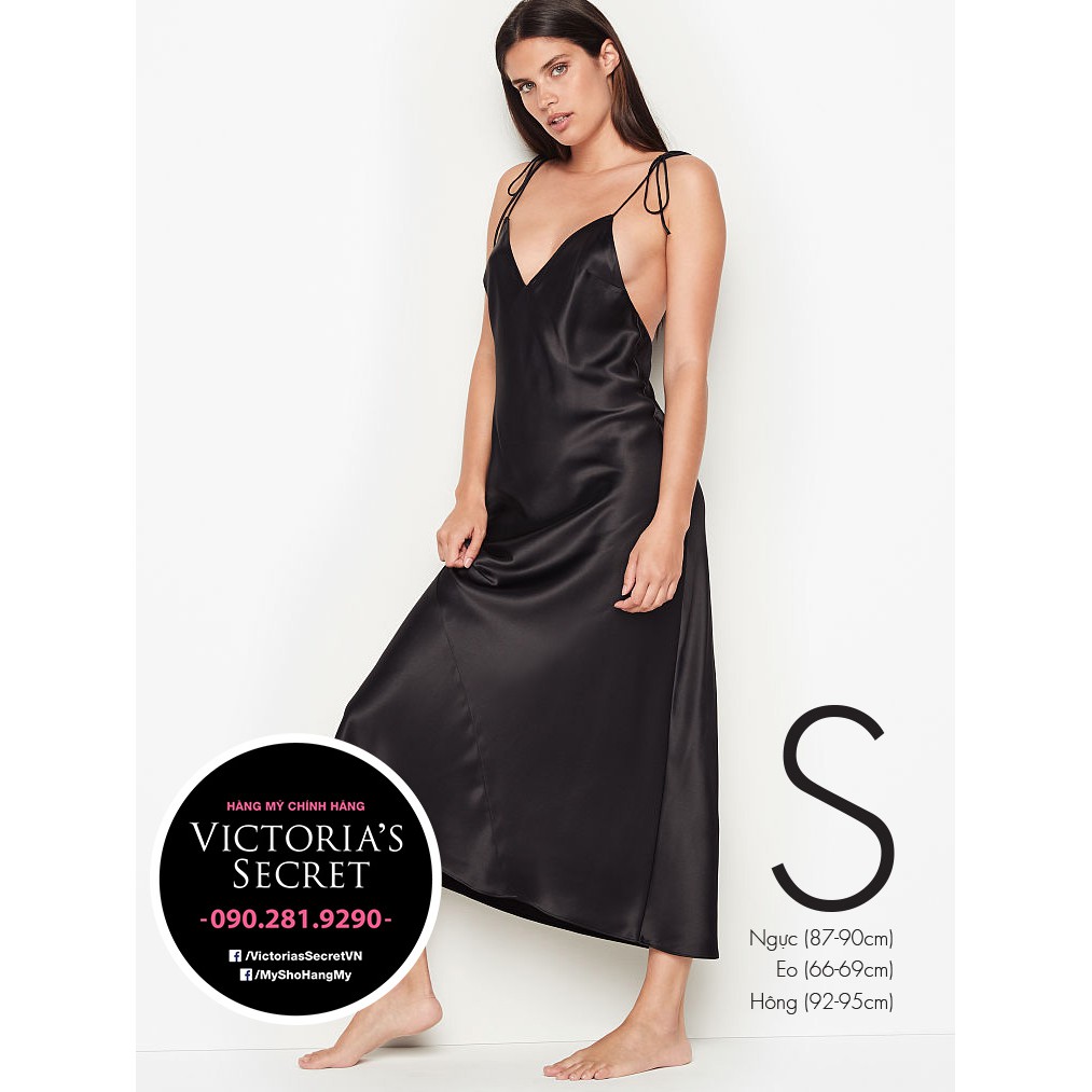 (Sleep Size S) - Váy đen, 2 dây, hở lưng sexy (78) Satin Sleep Dress, BLack - Victoria's Secret