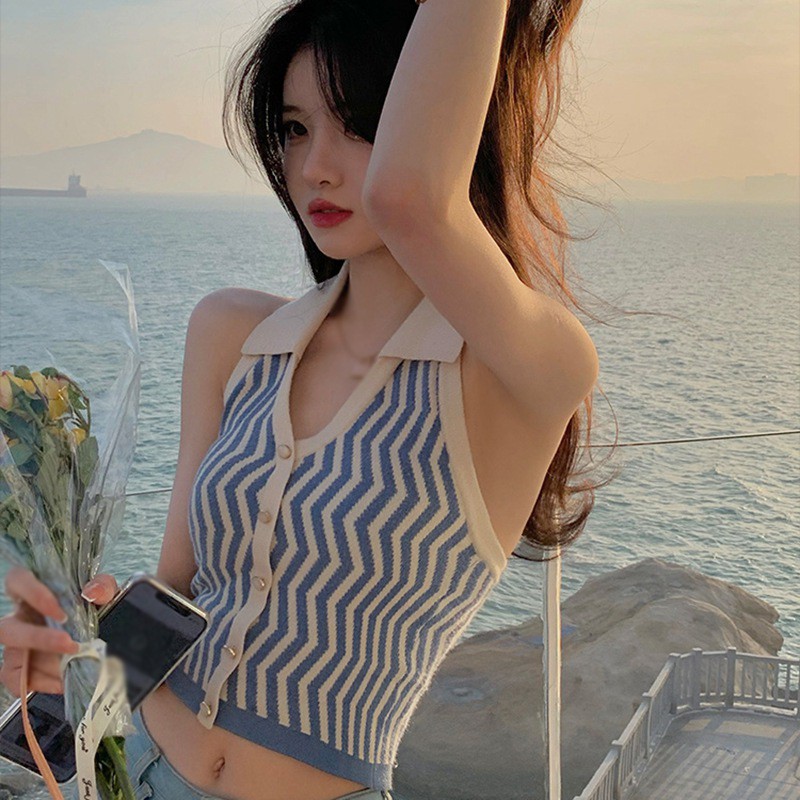 Áo Ngắn Dệt Kim Hoạ Tiết Kẻ Sọc Thiết Kế Cổ Chữ V Quyến Rũ Cho Nữ | BigBuy360 - bigbuy360.vn