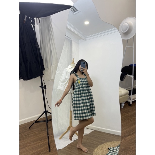 Váy baby doll kẻ caro xanh có hình trái dứa siêu dễ thương